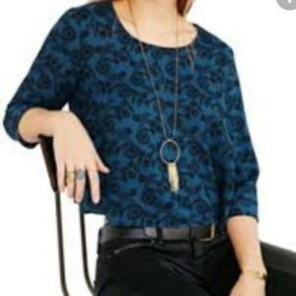 PINS and NEEDLES Size Small Pullover Keyhole Teal Black Floral Cropped Blouse